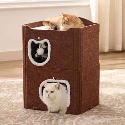 Joydeco Cat House for Indoor Cats, 2 Story Scratch Resistant Felt Cat Condo, Hideaway Pet Cave Bed with Fluffy Ball and Tunnel for Kitten, Small Dogs, Rabbits, 17.7 x 13.3 x 24, Coffee by JOYDECO