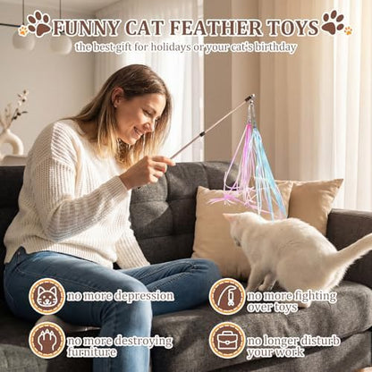 60 Pcs Cat Wand Feather Toy Refills Colorful Replacement Feather Attachments with Bell Natural Fit Cat Toy Universal Interactive Fishing Pole Teaser Attachment for Indoor Kitten(Feather-mix) - Image 4