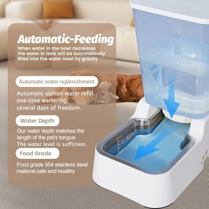 Automatic 5.4L/1.4Gal Pet Waterer, Pet Automatic Dog Water Dispenser Gravity Stainless Steel Water Feeder, Large Capacity Feeding Bowls for Cats and Medium & Large-Sized Dogs (White, Water) - Image 3