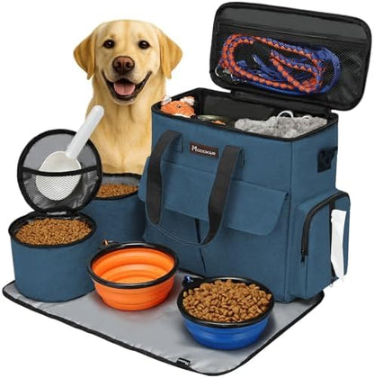 Modoker Weekend Dog Travel Bag Set with 2 Food Bags, 2 Bowls and Mat,Blue by Modoker
