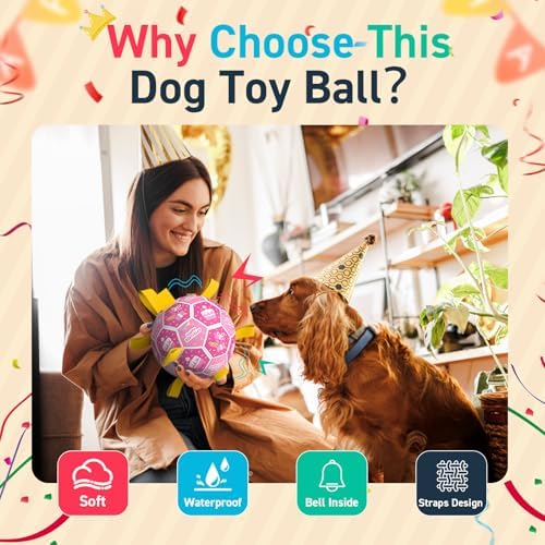 QDAN Dog Birthday Toys, Puppy Gifts, Dog Soccer Ball with Straps, Pink - Image 4