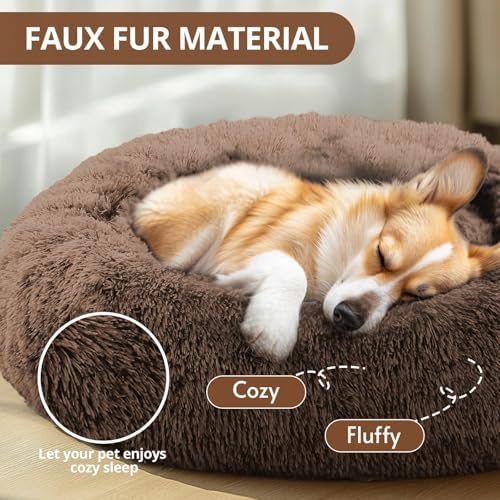 JOLLYVOGUE Calming Dog Bed Medium Size Dog, Anti-Anxiety Donut Medium Pet Bed, 27 inches Fluffy Faux Fur Round Cat Bed (Coffee) - Image 2