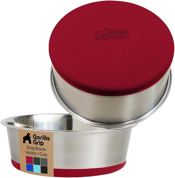 GORILLA GRIP Dog Bowls, Food Grade 304 Stainless Steel, Holds 1 Cup Each (8 fl oz) Food and Water Bowl for Feeding Dogs and Cats, Dishwasher Safe, Rust Resistant, BPA Free Rubber Base Set of 2 Red