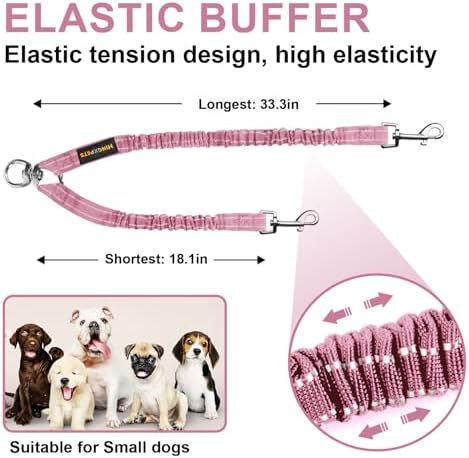 MingXpet 2 Dog Leash, Dog Leash for 2 Dogs, 360° Swivel No Tangle Double Walking Training Leashes for Large Dogs that Pull, Comfortable Shock Absorbing Reflective Bungee, Pink - Image 2