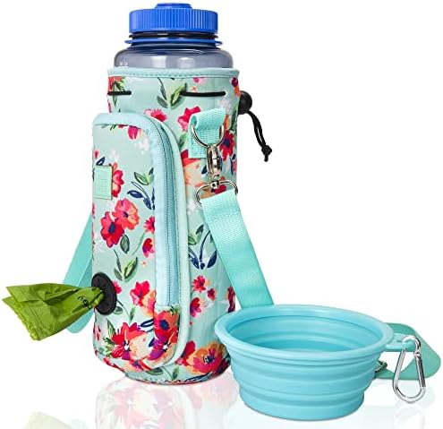 Made Easy Kit Water Bottle Carrier with Pocket for Dog Poop Waste Bags and Adjustable Padded Shoulder Strap (Tall & Large (40oz) with Bowl, Teal Floral) by MadeEasyKit