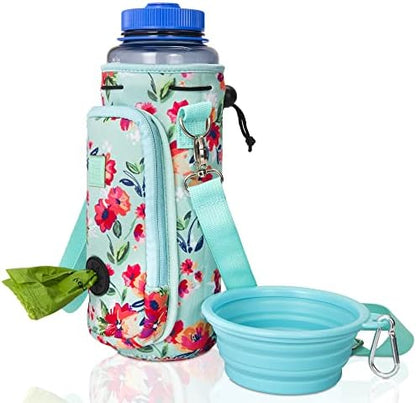 Made Easy Kit Water Bottle Carrier with Pocket for Dog Poop Waste Bags and Adjustable Padded Shoulder Strap (Tall & Large (40oz) with Bowl, Teal Floral) by MadeEasyKit