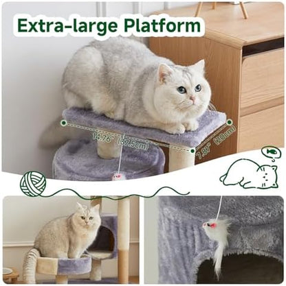 Cat Tree with Condo, Perch, and Scratching Posts, Gray and Beige, Multi-Level Tower with Hanging Toy - Image 3