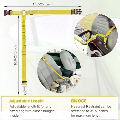 BWOGUE Dog Seat Belt for Car, Headrest Restraint Bungee Lead, Yellow - Image 3