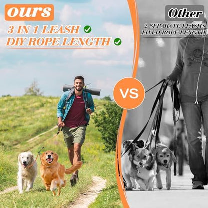 Dog Double Leashes,Rope Bungee Dual Leash with Padded Handle Removable for 2 Dogs,Tangle-Free, Padded Handles, 360° Swivel Control Control (Orange, 2 Way) - Image 4