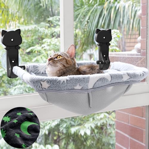 JUNSPOW Cat Window Perch Cordless, Glow in The Dark & Stable Cat Beds- Breathable Window Hammock for Overlooking, Sunbathing and Climbing - Maximum Hold Up to 40lb(Grey) by JUNSPOW