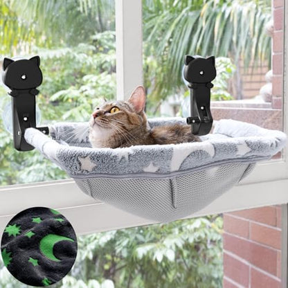 JUNSPOW Cat Window Perch Cordless, Glow in The Dark & Stable Cat Beds- Breathable Window Hammock for Overlooking, Sunbathing and Climbing - Maximum Hold Up to 40lb(Grey) by JUNSPOW