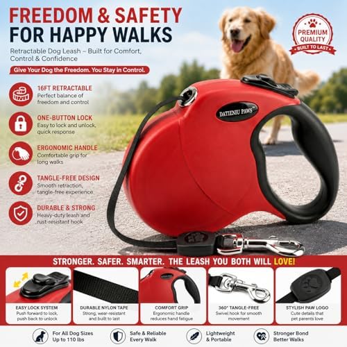 Retractable Dog Leash Hands-Free Adjustable Length 16ft with Safety Lock Durable Nylon Belt for Small Medium Large Dogs Easy Walk Training Portable Dog Leash Red L - Image 2