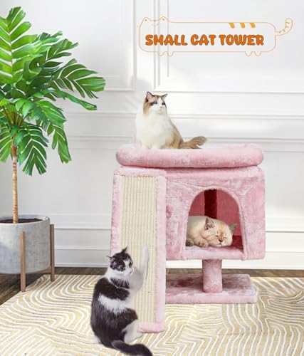 SYANDLVY Small Pink Cat Tree with Perch for Indoor Cats, Cat Tower with Scratching Post, Modern Activity House for Large Cats, Condo with Board, Kittens Cave - Image 4
