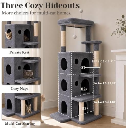 baoheDC 53" Cat Tree for Indoor Cats, Multi-Level Cat Tower with 3 Cozy Cat Condos, Large Top Perch, Sisal Scratching Posts & Climbing Steps, Space-Saving Cat Furniture for Apartments, Grey - Image 3