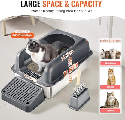 VEVOR Stainless Steel Cat Litter Box with Lid, XL Extra Large Enclosed Cat Box for Big Cats, High Sides Metal Litter Box, Anti Leakage,Odor-Free & Easy Cleaning,Include Scoop & Foot Board - Image 5