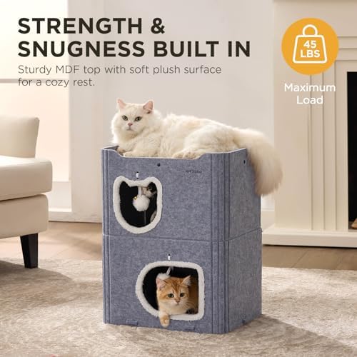 Joydeco Cat House for Indoor Cats, 2 Story Scratch Resistant Felt Cat Condo, Hideaway Pet Cave Bed with Fluffy Ball and Tunnel for Kitten, Small Dogs, Rabbits, 17.7 x 13.3 x 24, Grey - Image 4