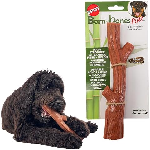 SPOT Bam-Bones Plus Branch -Bamboo Fiber & Nylon, Durable Long Lasting Dog Chew for Aggressive Chewers – Great Toy for Adult Dogs & Teething Puppies Under 90lbs, Non-Splintering, 9.5in, Beef Flavor by SPOT