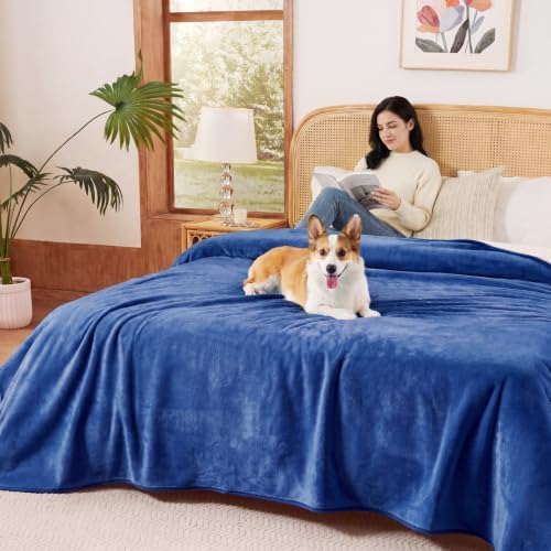Sunheir Waterproof Blanket for Queen Size Bed - 90"x86" Soft Reversible Sherpa Fleece Flannel Dog Blankets for Large Dogs, Pet Blanket for Bed, Couch, Soft Plush Furniture Protector, Blue by SUNHEIR