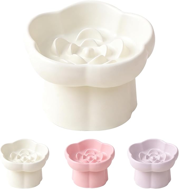 Cat Slow Feeder Flower-Shaped Ceramic Slow Feeder Cat Bowl, Tilted Raised Cat Slow Feeder Bowl for Whisker Relief, Prevents Vomiting & Bloating, Non-Slip Base, Cat Bowls for Dry and Wet Food - White