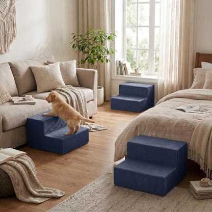 YENING Large Dog Stairs for High Beds - Extra Wide Pet Steps for Large Dogs to Get on Tall Bed 3 Deep Step Cat Ramp for Couch 2 Steps Navy Blue - Image 7