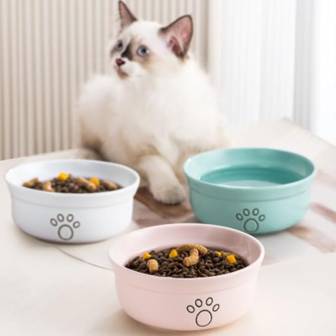 Ceramic Dog Bowls, Pet Feeding Bowls for Cats and Small Dogs 20 oz (6", Blue/Pink/White)