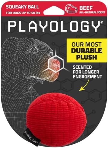 Playology Durable Plush Ball Toy - Crinkle Ball - Medium, Beef Scent by Playology
