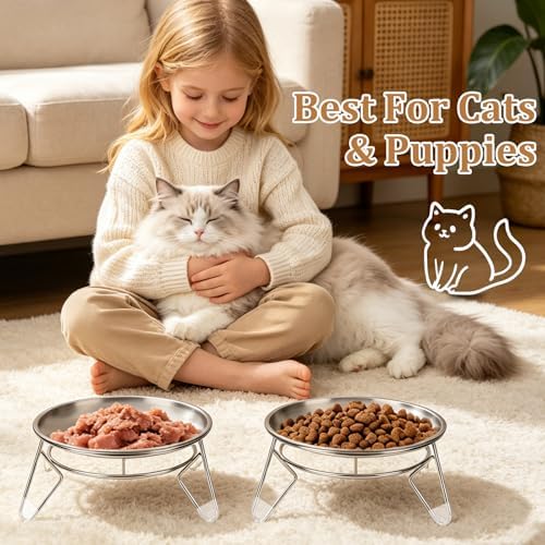 Cat Food Bowls,6.7" Extra Wide Raised Stainless Steel Cats Food Whisker Fatigue Shallow Dishes with Anti-Slip Metal Stand, for Indoor Fat Faced Cat Kitten and Small Dog Puppies-2pack - Image 6