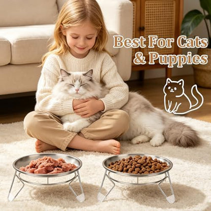 Cat Food Bowls,6.7" Extra Wide Raised Stainless Steel Cats Food Whisker Fatigue Shallow Dishes with Anti-Slip Metal Stand, for Indoor Fat Faced Cat Kitten and Small Dog Puppies-2pack - Image 6