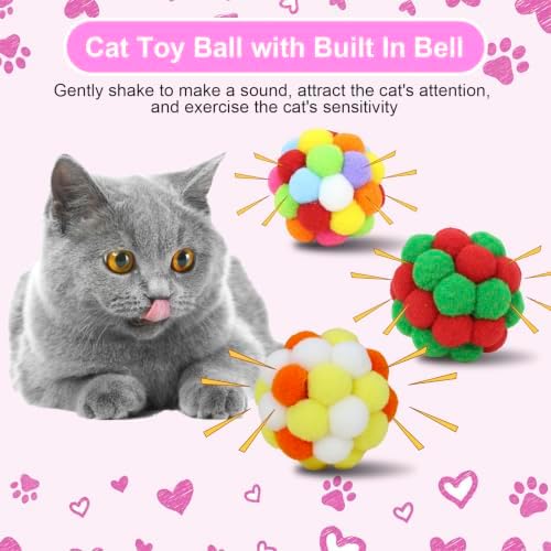 Cat Toys Balls 6 Pieces with Bells 5cm Soft Cat Pom Poms Balls Cats Interactive Ball Toy for Cats Kitten Indoor Outdoor Playing Chewing Scratching (Cat Ball Set 2) - Image 5