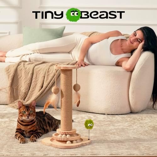 TINYBEAST Wooden Cat Scratching Post for Kittens, 4 in 1 Cat Scratcher Toy with Cat Ball Tracks, 18" Tall Sisal Scratch Post for Indoor Kittens, Interactive Feather Toy and 2 Sisal Hanging Balls - Image 4