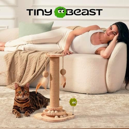 TINYBEAST Wooden Cat Scratching Post for Kittens, 4 in 1 Cat Scratcher Toy with Cat Ball Tracks, 18" Tall Sisal Scratch Post for Indoor Kittens, Interactive Feather Toy and 2 Sisal Hanging Balls - Image 4