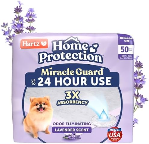 Hartz Miracle Guard Dog and Puppy Dog Pads Max Absorbency 24 Hour Use Odor Eliminating Lavender Scented No Leaks, Regular Size 50 Count by Hartz