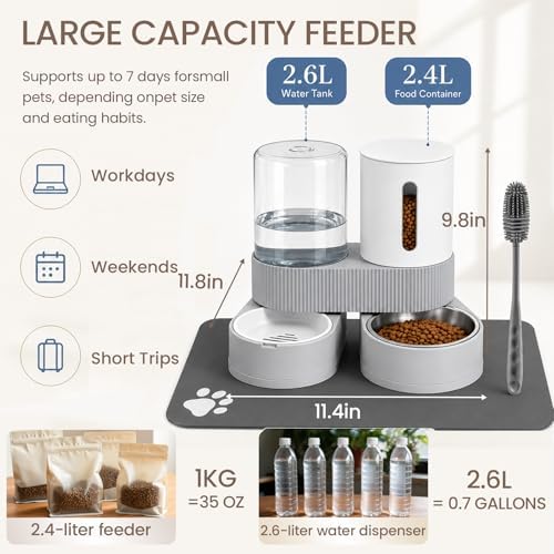 Gravity Cat Feeder 2 Pack Automatic Food Feeder and Water Dispenser Set Detachable Pet Bowl with Silicone Mat and Brush for Cats Small Medium Dogs, Large Capacity(Grey) - Image 4
