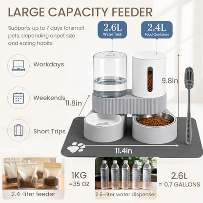 Gravity Cat Feeder 2 Pack Automatic Food Feeder and Water Dispenser Set Detachable Pet Bowl with Silicone Mat and Brush for Cats Small Medium Dogs, Large Capacity(Grey) - Image 4