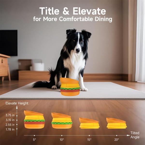 5-in-1 Burger Pet Bowls Set - Tilted Bowl, Elevated Bowl, Slow Feeder, Lick Mat, Non-Slip Bowl for Dog & Cat