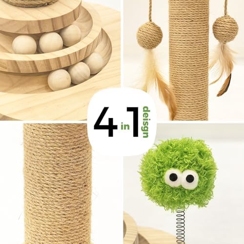 TINYBEAST Wooden Cat Scratching Post for Kittens, 4 in 1 Cat Scratcher Toy with Cat Ball Tracks, 18" Tall Sisal Scratch Post for Indoor Kittens, Interactive Feather Toy and 2 Sisal Hanging Balls - Image 2