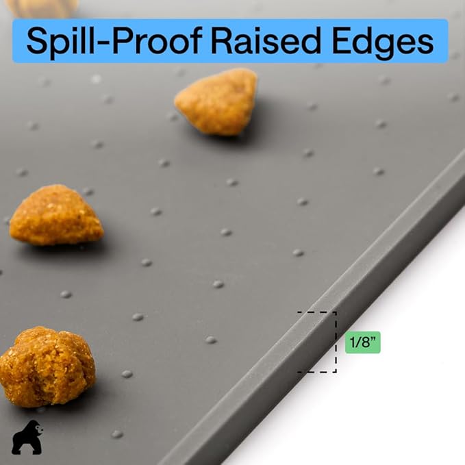 GORILLA GRIP 100% Waterproof Raised Edge BPA Free Silicone Pet Feeding Mat, Dog Cat Food Mats Contain Spills Protects Floors, Placemats for Cats and Dogs Water Bowl, Pets Accessories 28x18 Gray