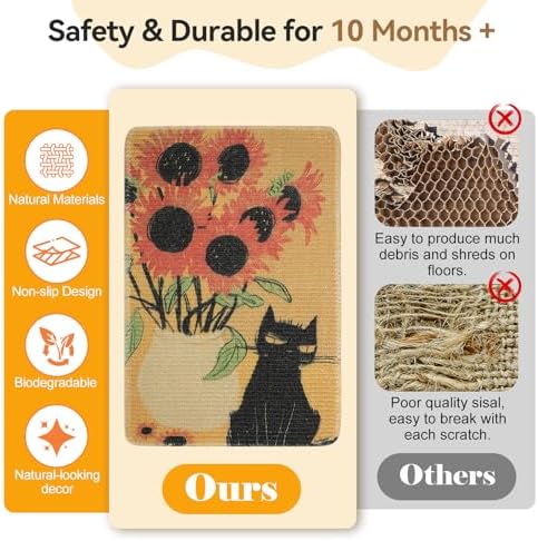 3-in-1 Sisal Cat Scratch Mat Sunflower 23.6x15.7'' Floor & Wall Cat Scratcher Pad, Protects Carpet Couch & Furniture with Sticker Tape, Anti-Slip, Durable for Indoor Outdoor Cats - Image 7