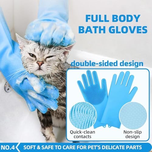 Bath Grooming Kit with Hair Brush, Towel & Scrubber Gloves - 6-in-1 Slicker Brush for Shedding Dogs & Cats, Blue - Image 5