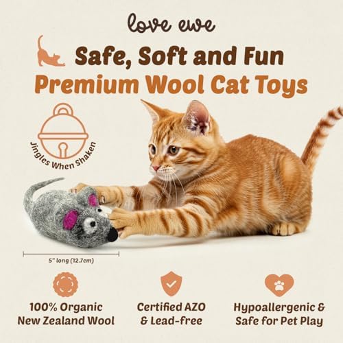 Love Ewe Wool Cat Toys 3 Pack, 5in Mouse w/Bell & 2in Ball - Image 2