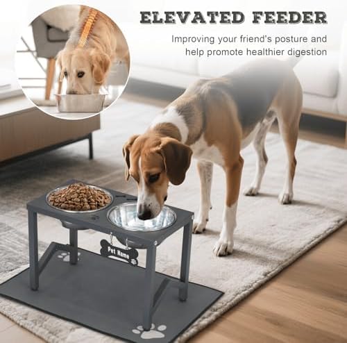 Elevated Dog Bowls, Metal Raised Dog Bowl Stand with 2 Thick 58oz Stainless Steel Food Bowls & Non-Slip Mat - 11.8" Tall for Medium/Large Breeds(Grey) - Image 2