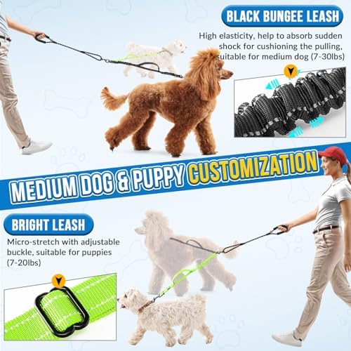 AUTOWT Double Leash for Two Dogs, No Tangle 360° Swivel Dual Dog Leashes with 4 Handles, Super Lightweight for Puppy, Reflective Adjustable Strap and Shock Absorbing Bungee - Image 4