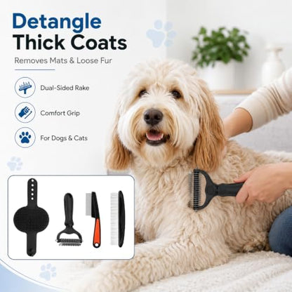 Double-Sided Pet Grooming Rake Set of 4, with Metal Comb Flea Comb Bath Brush for Long & Short Haired Pets to Effectively Remove Tangles, Knots and Mats - Image 3