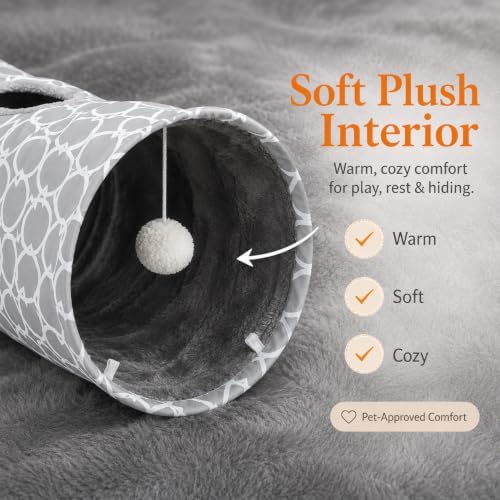 Geometric Straight Cat Tunnel with Plush Inside,Cats Toys Collapsible Tunnel Tube with Balls, for Rabbits, Kittens, Ferrets,Puppy,Diameter 11.8 Inch - Image 2