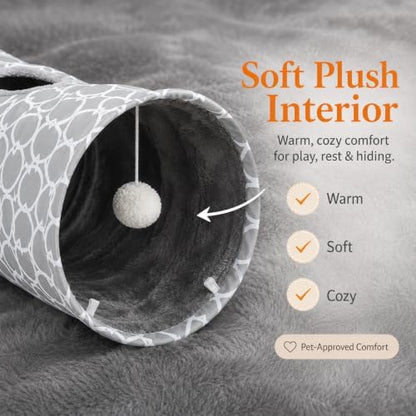 Geometric Straight Cat Tunnel with Plush Inside,Cats Toys Collapsible Tunnel Tube with Balls, for Rabbits, Kittens, Ferrets,Puppy,Diameter 11.8 Inch - Image 2
