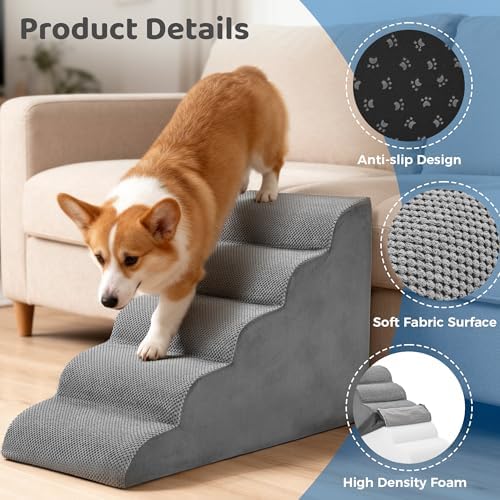 DUMOS Dog Stairs for Small Dogs and Cats, 5-Step Curved Pet Dog Steps, Grey - Image 4