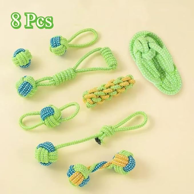 Dog Rope Toys for Small and Medium Dogs Durable Chew Toys for Aggressive Chewers Handwoven Interactive Tug of War and Fetch Toys for Teeth Cleaning, Stress Relief, Training (8Pcs, Ball and Slippers)