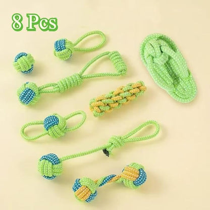 Dog Rope Toys for Small and Medium Dogs Durable Chew Toys for Aggressive Chewers Handwoven Interactive Tug of War and Fetch Toys for Teeth Cleaning, Stress Relief, Training (8Pcs, Ball and Slippers)