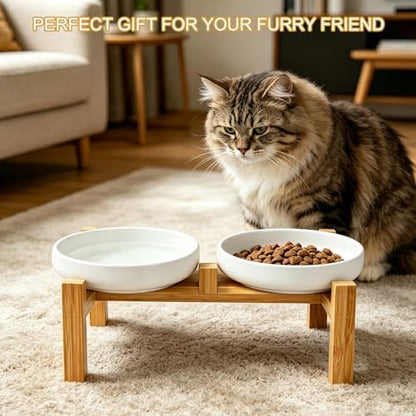 Shallow Elevated Cat Bowls with Bamboo Stand, 6.1 Inch Wide Ceramic Cat Dish Whisker Friendly, 2 Pack Pet Food and Water Plates - Image 6