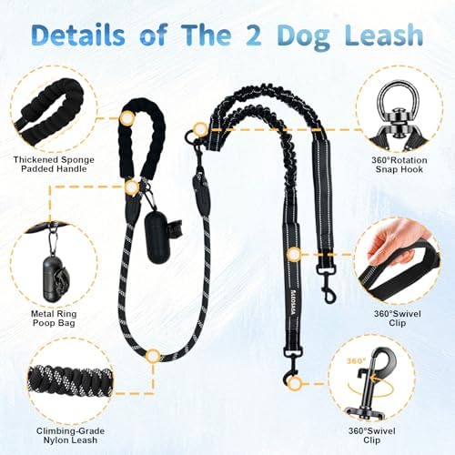 Double Dogs Leash - Removable Main Lead Rope with Splitter, No Tangle 2 Dog Coupler, Reflective No Pull Bungee, 3 Handle, D-Ring, Extra Long for Walk Train Medium Large Two Pet (Black) - Image 3